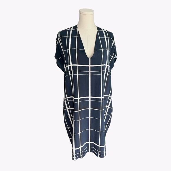 VINCE EUC Lattice print Silk dress in Blue Black & White Size M - Picture 6 of 11